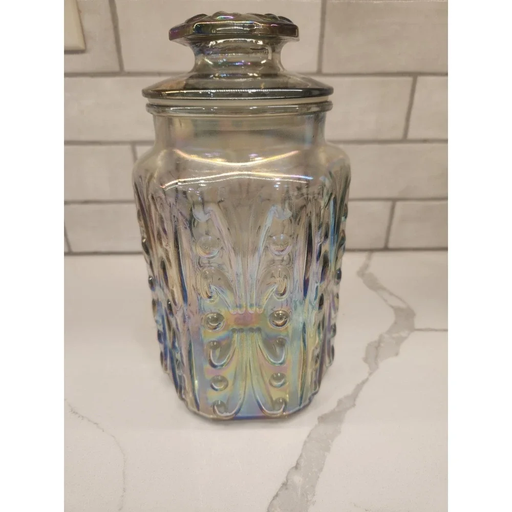 Vtg LE Smith Atterbury Scroll Canister Jar Iridescent Carnival Glass 9